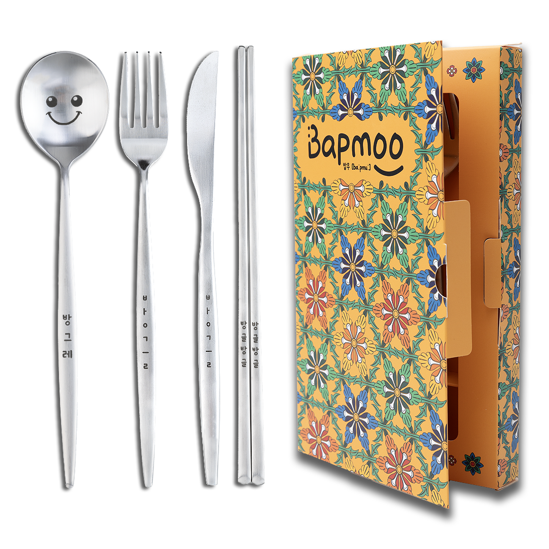 Spoon, fork, knife, chopsticks, and a pretty package box.
