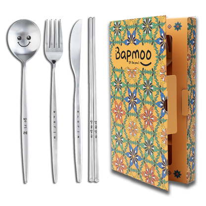 Spoon, fork, knife, chopsticks, and a pretty package box.