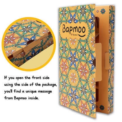 A package box with a yellow background and colorful floral lattice patterns.