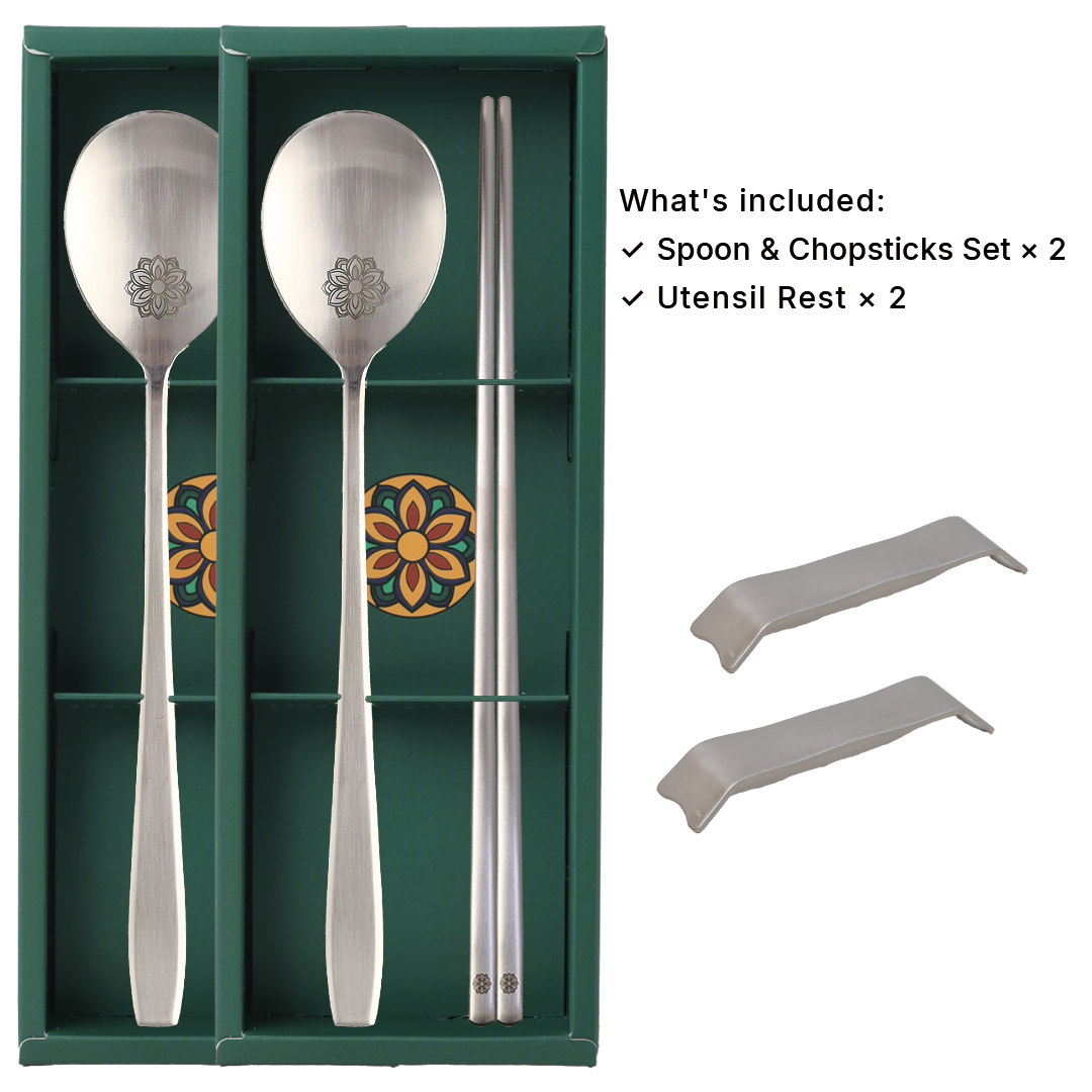 Korean Flower Spoon & Chopsticks 2 Person Gift Set
