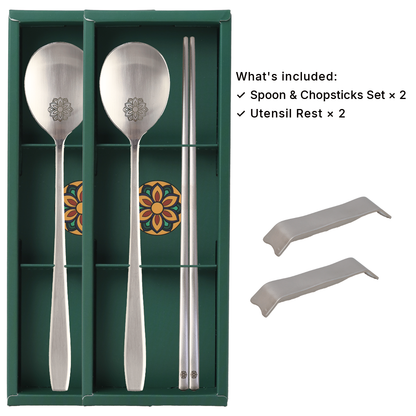 Korean Flower Spoon & Chopsticks 2 Person Gift Set