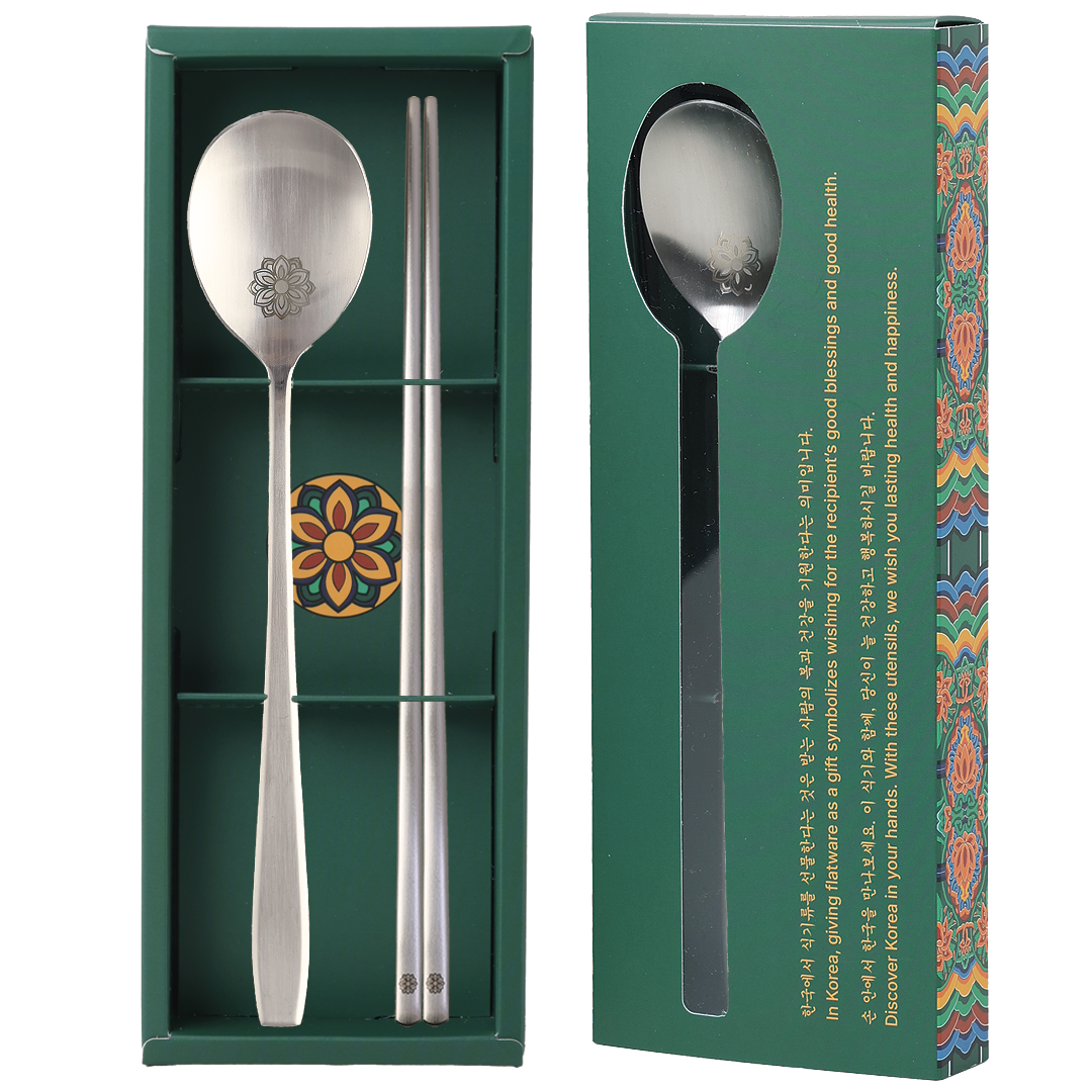 [New]Korean Flower Stainless Steel Spoon & Chopsticks Set