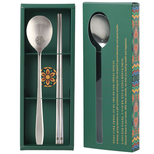 [New]Korean Flower Stainless Steel Spoon & Chopsticks Set